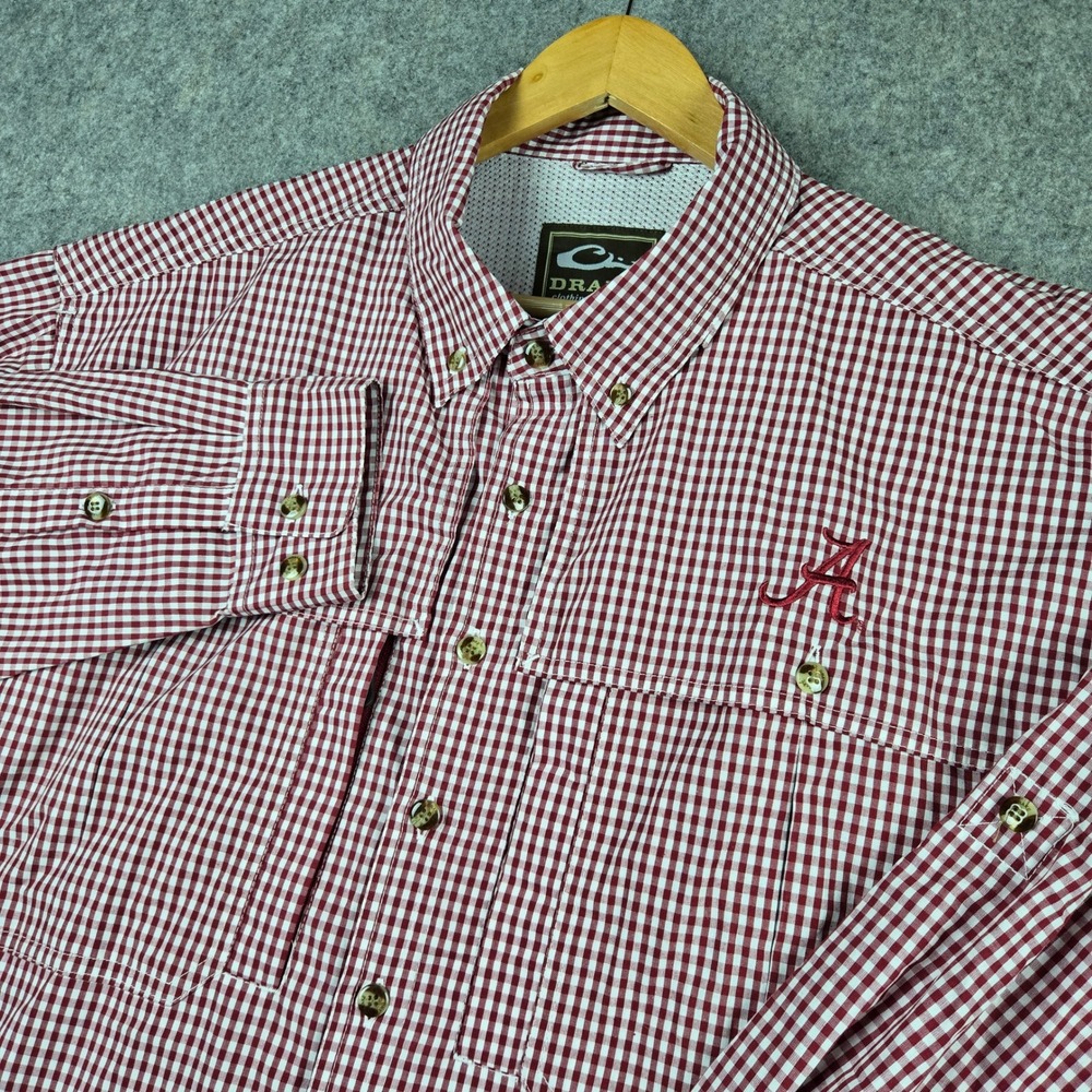 Drake Waterfowl Alabama Crimson Tide Mens Large Red Gingham Fishing Shirt Vented